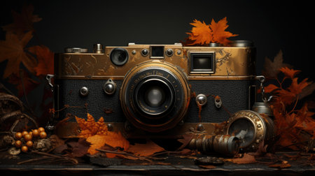 Vintage camera with autumn leaves on black background.の素材
