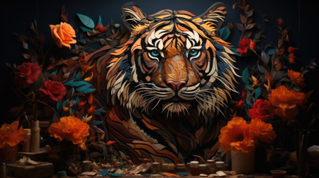 Tiger painting on the wall with orange flowers and candles in the darkの素材