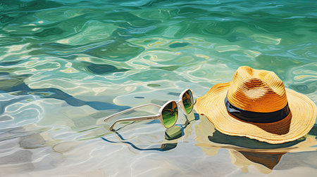 Beach hat and sunglasses on the seashore. Summer backgroundの素材