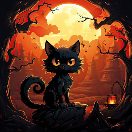 Halloween background with black cat in the forest. Vector illustration.の素材