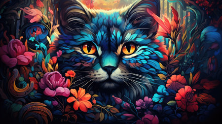 Colorful cat with flowers on a dark backgroundの素材