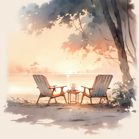 Illustration of two chairs and a table on the beach at sunsetの素材
