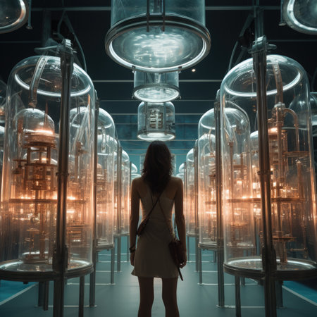 Young woman looking at the lightbulbs of the interior of a modern buildingの素材