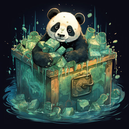 cartoon panda sits on a chest full of money.の素材