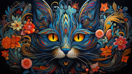 Colorful cat with floral ornament on black backgroundの素材