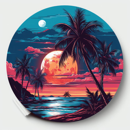 Tropical beach with palm trees and full moon. Vector illustration.の素材