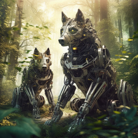 a female robot in a fantasy forest with fogの素材