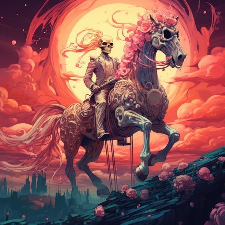 Fantasy illustration of a beautiful woman riding a horse on a fantasy landscape.の素材
