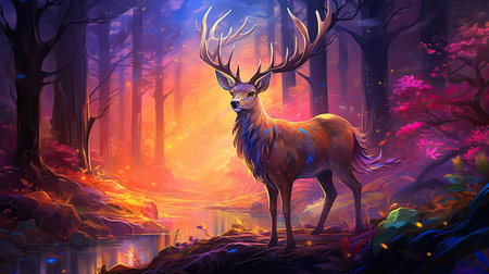 a deer in the forest at sunset. Fantasy landscape.の素材