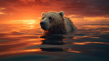 A brown bear swims in the sea at sunsetの素材