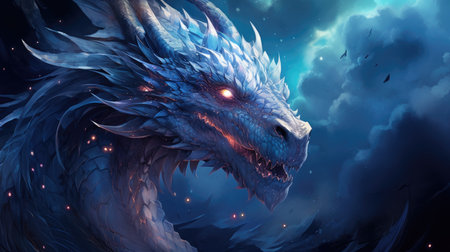 a fantasy dragon in a dark space with starsの素材