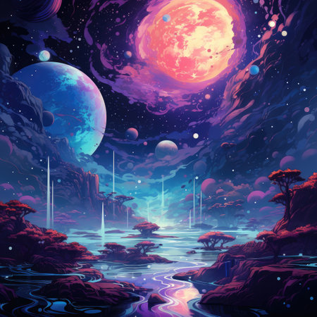 Fantasy night landscape with river, moon and stars, vector illustrationの素材
