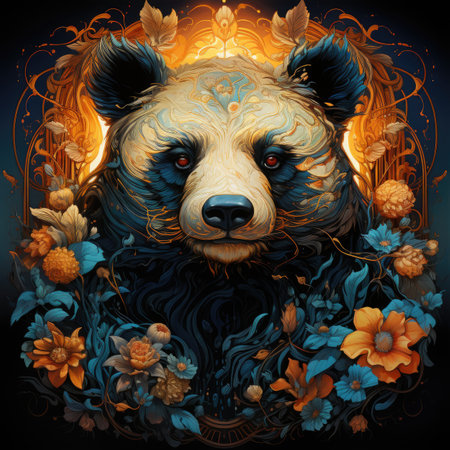 Illustration of a bear on a background of the moon and flowersの素材