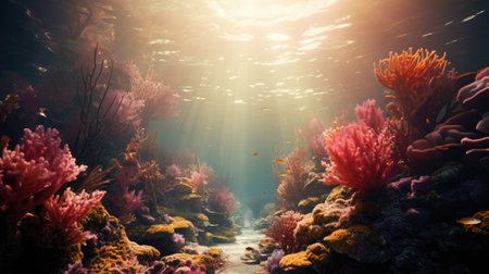 Underwater view of coral reef with fishes and sunlight.の素材
