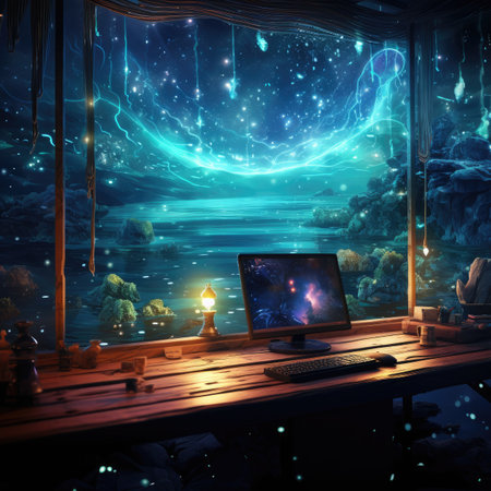 Fantasy night scene with computer, moon and lightsの素材