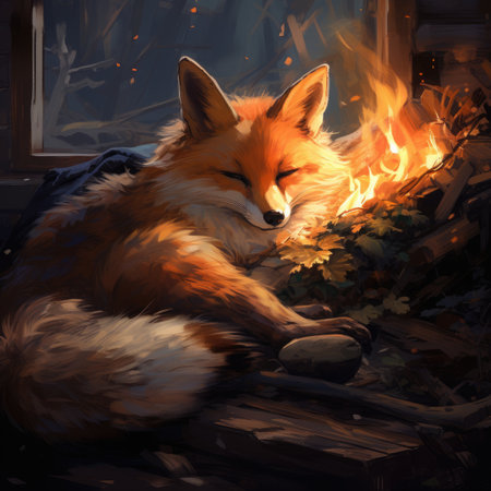 Sleeping fox in front of the fireplace.の素材