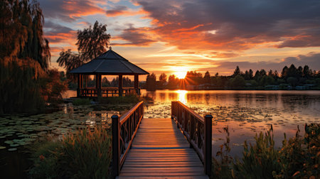 Gazebo on the lake at sunset. Beautiful landscape.の素材