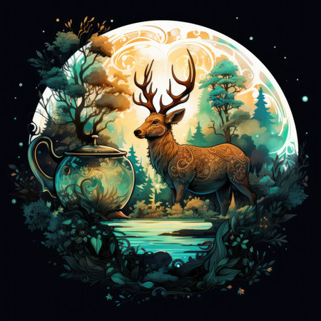 Illustration of a deer with a kettle on the background of the moonの素材