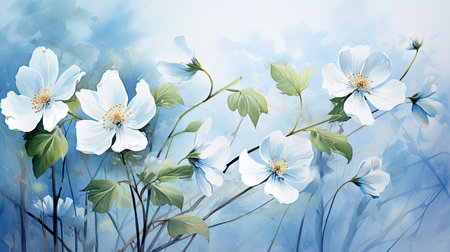 Watercolor floral background with blue and white flowers. Hand drawn illustration.の素材