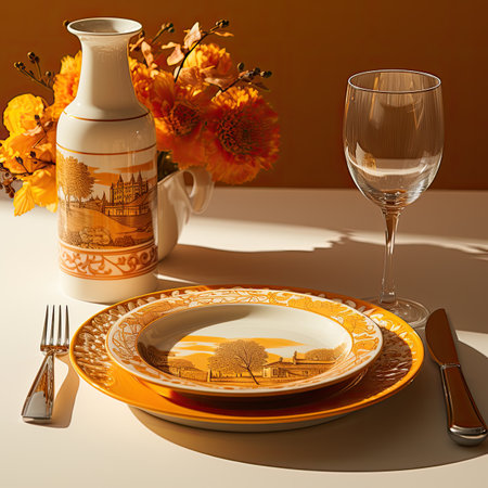 Restaurant table setting with plate and cutlery on orange backgroundの素材