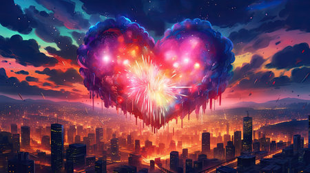 Heart shaped fireworks in the night cityの素材
