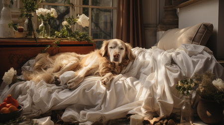 Golden Retriever lying on the bed in the bedroom. Petの素材