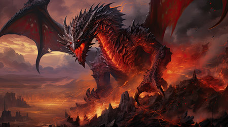 a fantasy dragon with fire and smoke in the backgroundの素材