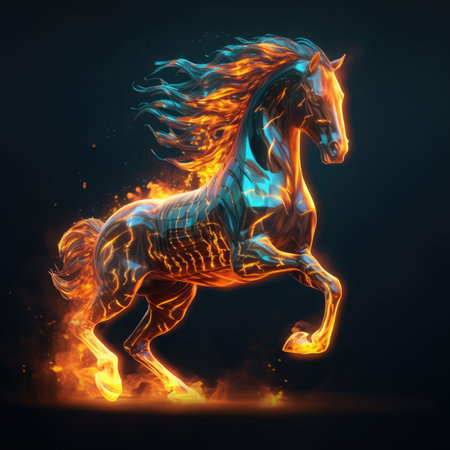 Horse in fire with flames on a black background. Vector illustrationの素材