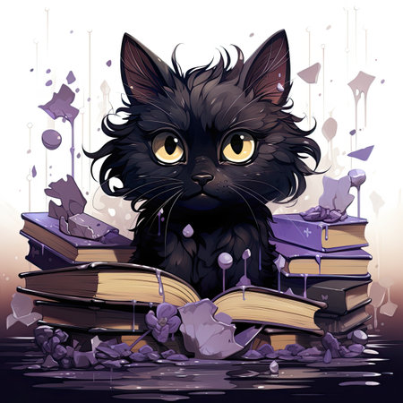 Cute black cat sitting on pile of books. Vector illustration.の素材