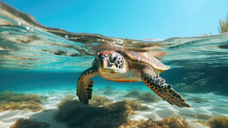 Hawaiian Green Sea Turtle swimming underwater in the Pacific Ocean.の素材