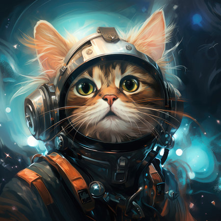 Cute cat astronaut in space helmet. Portrait of a cat in space.の素材