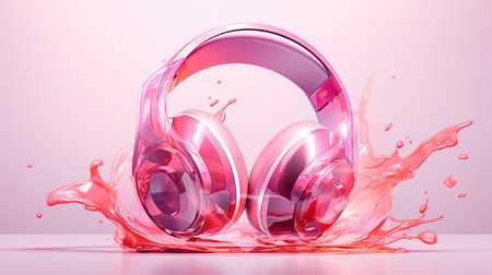 pink headphones with splashes of liquid on pink backgroundの素材