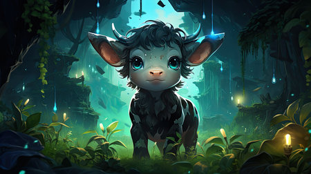 Cartoon illustration of a cute little cow in the dark forest.の素材