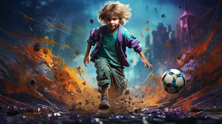 Little boy playing soccer against splashes and splashes background.の素材