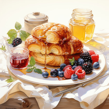 Breakfast with croissants, berries and jam on a white backgroundの素材