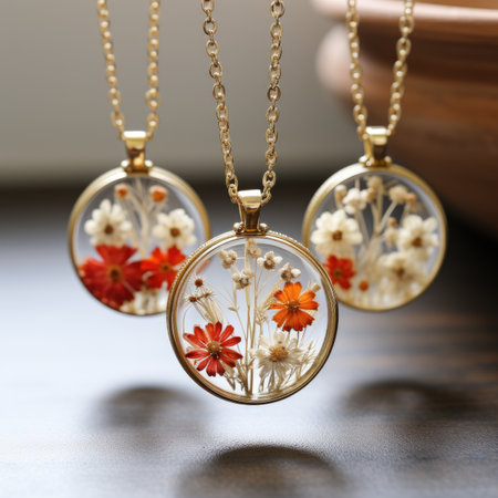 Necklace with flowers on a wooden background. Close-up.の素材