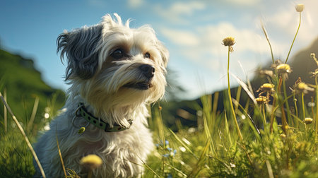 Cute Maltese dog sitting on a meadow with dandelionsの素材