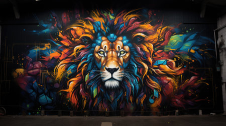 Mural art in the form of a lion on the wall.の素材