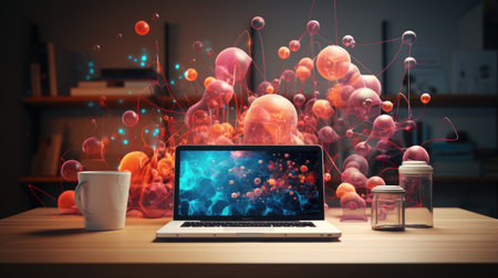 Modern office interior with laptop and social network hologramの素材