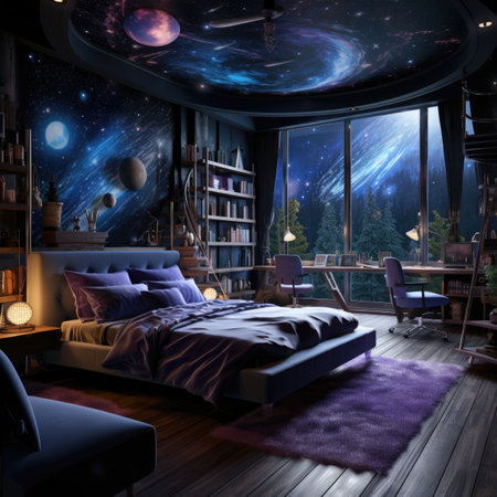 a fantasy bedroom with a beautiful night skyの素材