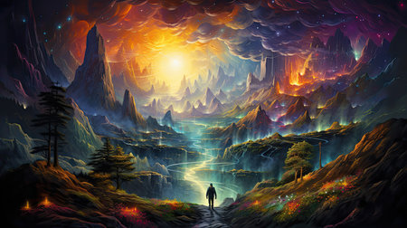 Fantasy landscape with a man in the middle of the forest and mountainsの素材