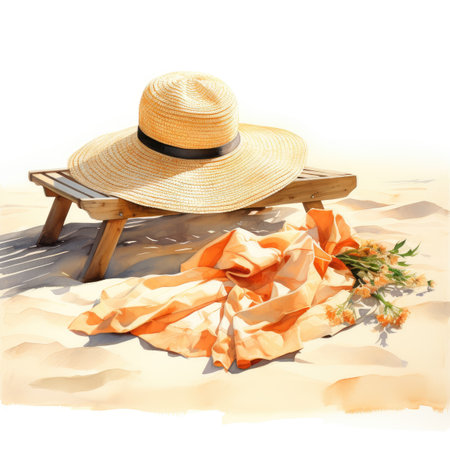 Straw hat and sun lounger on the beach with flowersの素材