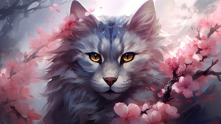 Portrait of a beautiful cat with pink flowers.の素材