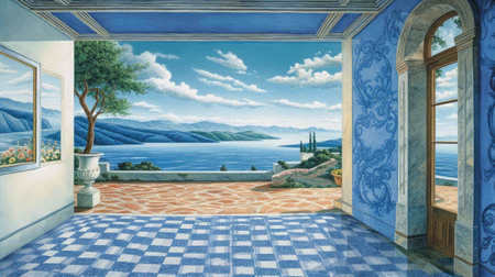 Interior of a villa with sea viewの素材