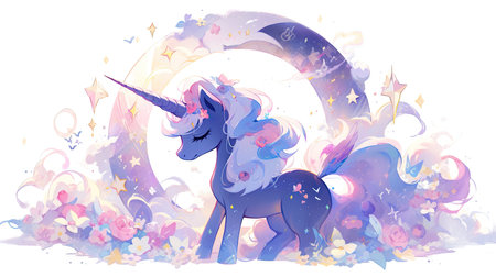 Unicorn vector illustration with magic clouds, stars and flowers.の素材