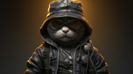 Cat in a leather jacket and aviator glasses on a dark backgroundの素材