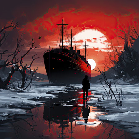 Fantasy landscape with a ship in the sea at sunset. Vector illustrationの素材