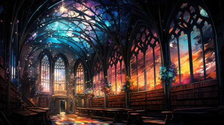 Gothic church interior with stained glass windowの素材