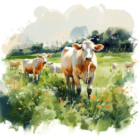 Cows grazing in a meadowの素材
