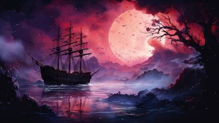 Pirate ship in the sea on a full moon background. Fantasy illustration.の素材